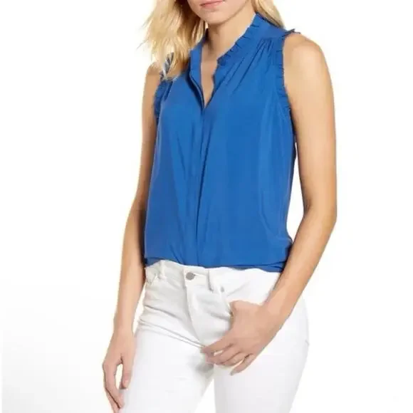 Gibson Blue Sleeveless Ruffle Sleeve Button Down Top - Small - Picture 1 of 11
